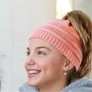 NWT Pink Knit Stocking Cap with Opening for Messy Bun / Ponytail Beanie Hat